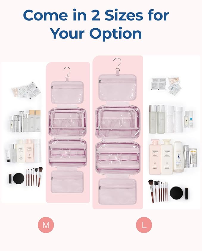 BAGSMART Travel Toiletry Bag with Jewelry Organizer, Hanging Travel Bag for Toiletries, Puffy Makeup Cosmetic Bag Organizer, Carry-on Travel Accessories Essentials, Pink-M