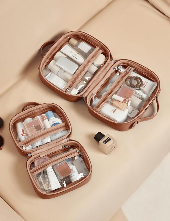 Oaque Clear Cosmetic Bag Double Layer Travel Toiletry Bag Clear Makeup Bag Case with 4 Compartments, Transparent Travel Bag for Toiletries, Large Toiletry Bag for Women Cosmetic Case (Brown, Small)