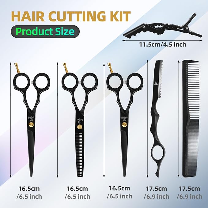 ETHTXE Professional Black Hairdressing Scissors, 6.5" Japanese Stainless Steel Thinning & Straight Trimming Shears – Salon-Grade Barber Tools for Men, Women, and Family Gifts