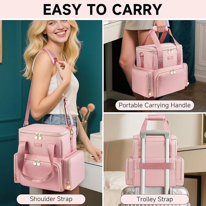Jaffzora Extra Large Makeup Bag,4 in 1 Cosmetic Storage Organizer Travel Case with Detachable Pouches and Dividers,Pink