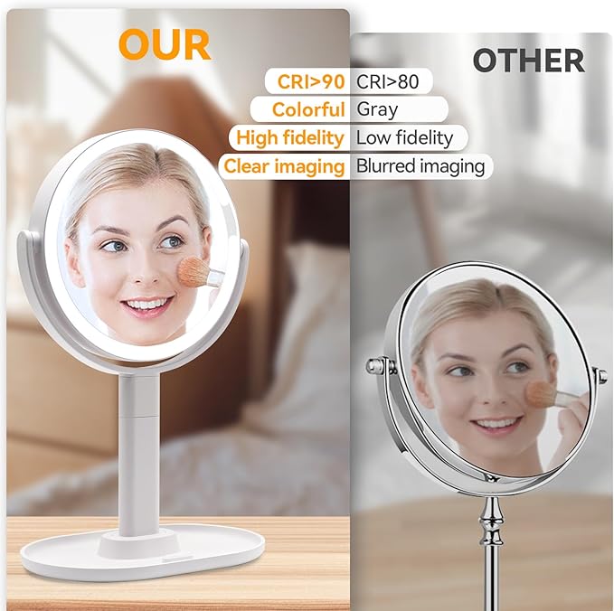 Makeup Mirror with Lights, Double Sided 1x/10x Magnifying Mirror，Rechargeable 3 Color Lights & Adjustable Brightness and Height LED Vanity Mirror, 360° Rotation Detachable Travel Make Up(White)