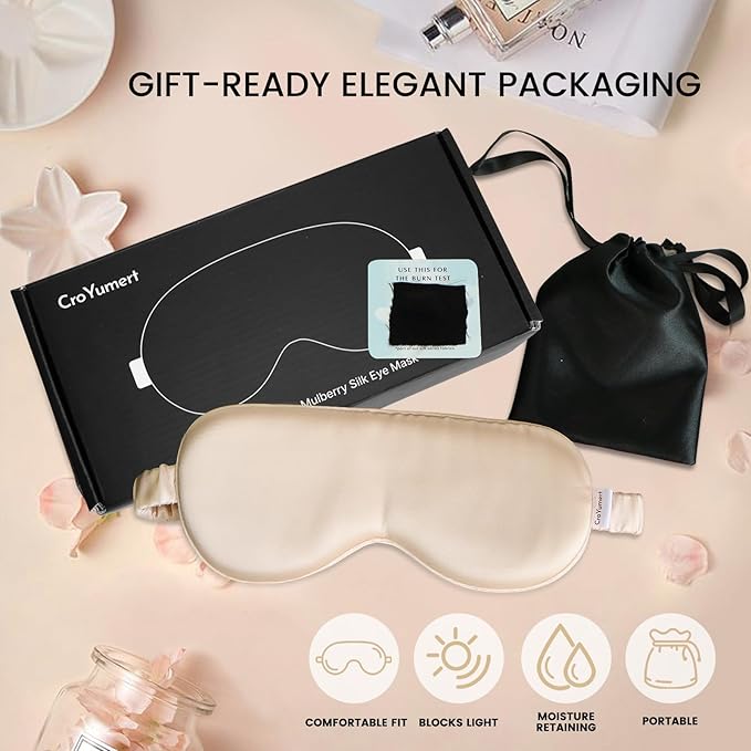 CroYumert 100% Pure Mulberry Silk Eye Mask - 22 Momme Adjustable Strap, Light Blocking, Silk Storage Bag & Gift Box - for Sleep/Travel/Gift, Sensitive Skin Friendly (Champagne)