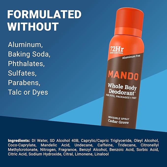 Mando Whole Body Deodorant Spray For Men - Invisible Spray Deodorant - 72 Hr Odor Control - Low Irritation Formula - Aluminum Free & Benzene Free - 3.6 ounces - Pack of 2 - Cedar Grove