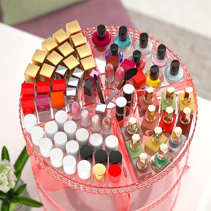 Pink 360 Makeup Organizer Carousel, Organizador De Perfumes, Acrylic Make Up Organizer, Large 7 Layers 360 Makeup Organizer, Fits Makeup Brushes, Lipsticks, Bathroom, Vanity, Plus Size Pink