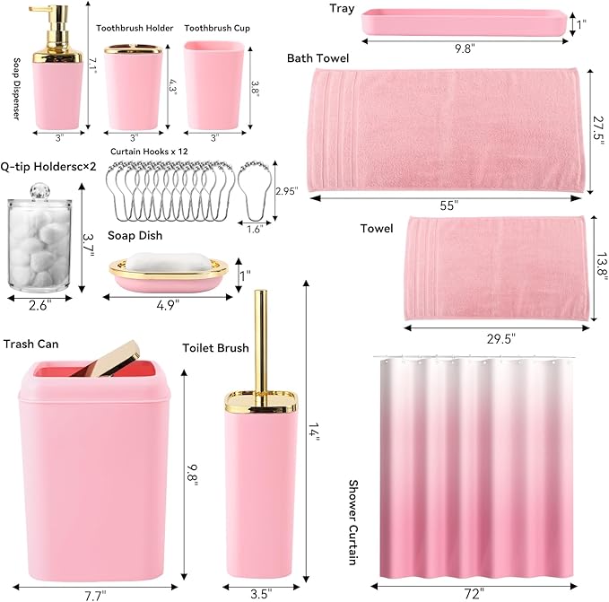 XLHOMO Pink Bathroom Accessories, 24 Pieces Pink and Gold Bathroom Accessories Set with Shower Curtain, Bath Towels, Trash Can, Soap Dispenser and Soap Dish for Bathroom/Housewarming