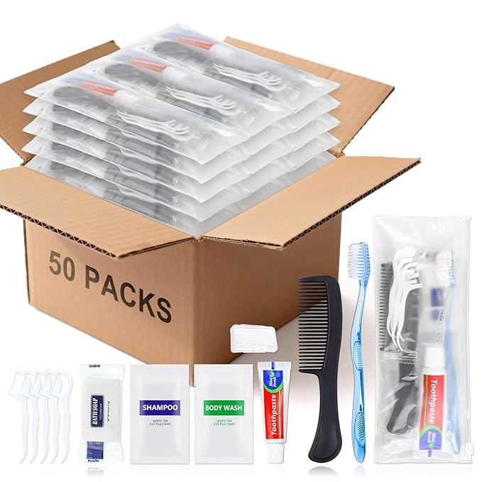 HQSLsund 50 Sets Bulk Hygiene Kits for Homeless,Basic Toiletry Kit Homeless Supplies Bulk,Disposable Toothbrushes with Toothpaste and Comb Individually Wrapped,Bath Soap,Shampoo,Body Wash,Floss Pick