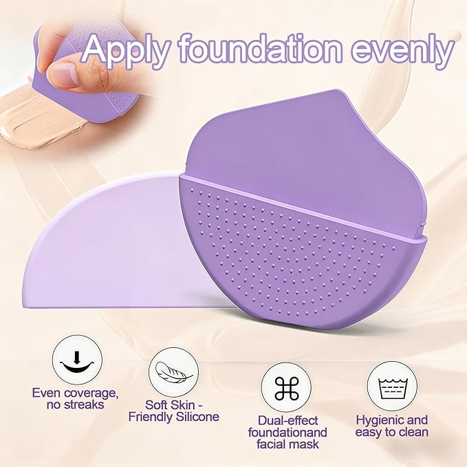Silicone foundation brush with flat head, seamless even application, long-lasting wear, flawless lightweight makeup base tool (Purple)