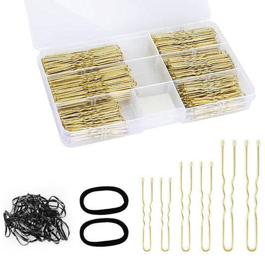 300Pcs U-Shaped Hair Pins in Varying Sizes (2.8IN, 2.4IN, 2IN), Bobby Bun Pins for Women, Kids, and Girls - With Storage Box and 50Pcs Elastic Hair Bands for All Hair Types, Gold