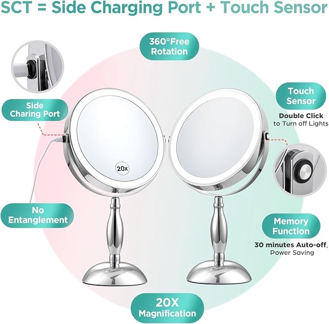 Makeup Mirror with Lights, 20X Magnifying Mirror with Light and Side Charging & Side Touch Switch, Vanity Mirror with 3 Color Light and 2-Side 360° Rotation Double Sided Standing Desk Mirror