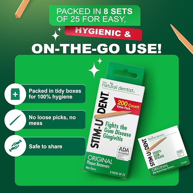 The Natural Dentist Stim-U-Dent Mint Dental Picks, Wooden Toothpicks for Food & Plaque Removal, Refreshing Mint Flavor, Travel-Friendly, 32 Packs of 25 Picks/Pack (200 Picks)