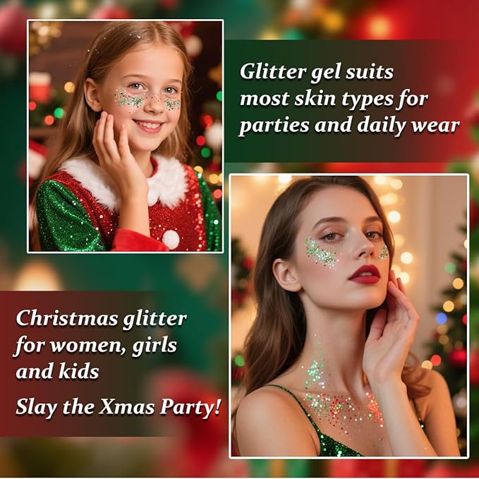 Mysense Christmas Glitter Stick for Face Hair Body, Red Silver Green Chunky Sparkling Glitter Makeup, Christmas Party Costume Accessories, Stocking Stuffers Gifts for Women Girls, 0.56oz