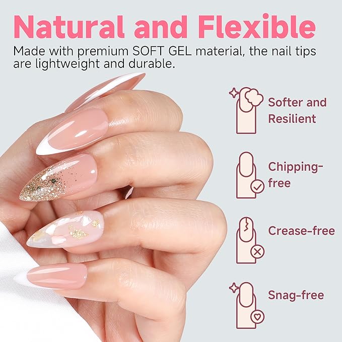 UNA GELLA Medium Stiletto Gel Nail Tips Full Cover 216Pcs Almond Shape Nails Tips Stiletto Pre etched Soft Gel Nails Clear Fake False Nail Tip For Home Art Salon 12 Sizes
