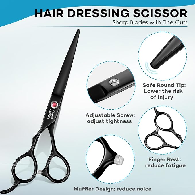 JASON Left Handed Hair Scissors - 10 Pcs Hair Scissors Set, 6 Inch Thinning Shears for Hairs Cutting with 30 Teeth, Professional Straight Shear for Men & Women Barber Set for Home Salon Black Gift