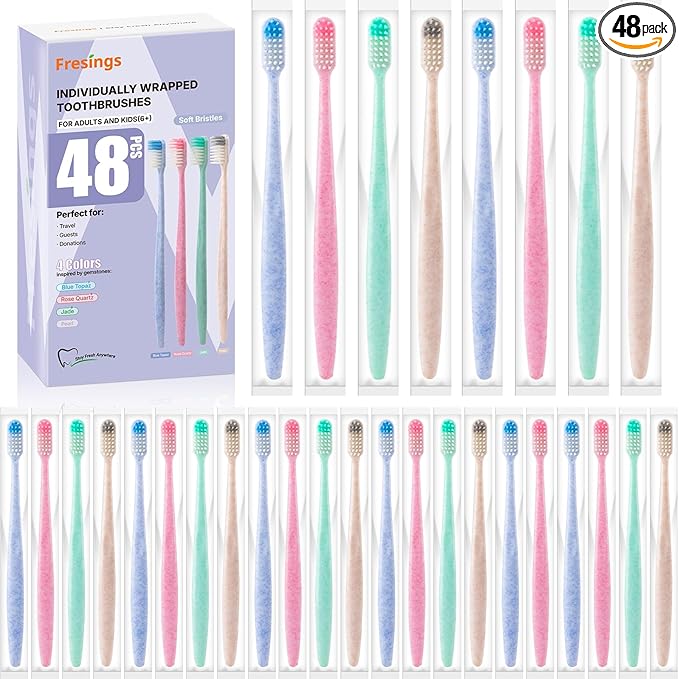 48-Pack Disposable Toothbrushes Individually Wrapped, Soft PBT Bristle Bulk Portable Travel Toothbrushes for Adults & Kids, Guest Bathroom, Hotel, Camping, Donation - 4 Gemstone Colors