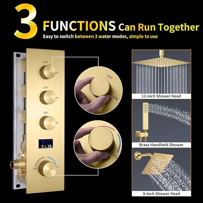 AYIVG Brushed Gold Thermostatic Rainfall Shower System 12 Inch And 8 Inch Dual Square Shower Head System Ceiling Mount Temperature Display Shower Faucet Set With Handled Spray