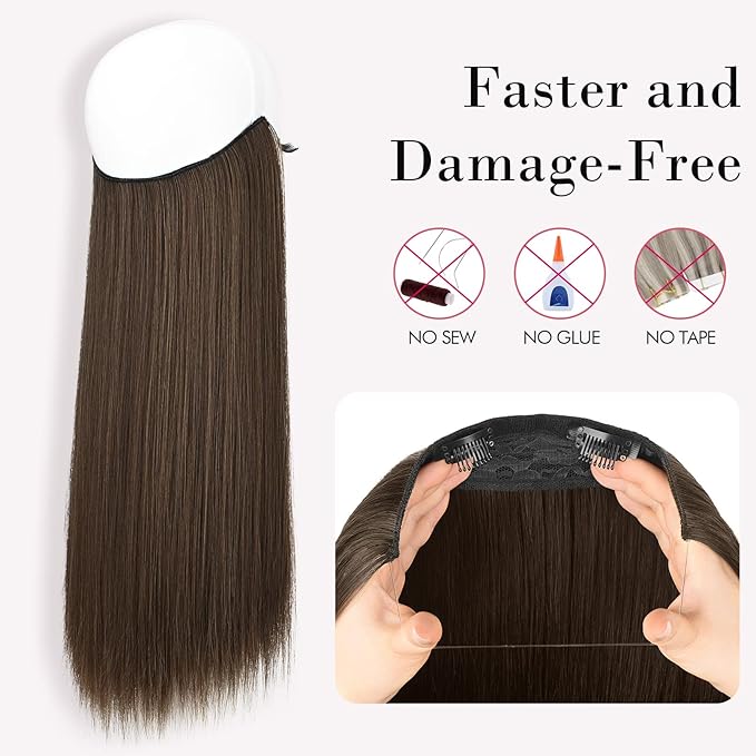 REECHO Invisible Wire Hair Extensions with Transparent Headband Adjustable Size Removable Secure Clips in Straight Secret Hairpiece for Women (16 Inch (Pack of 1), Medium Brown with Highlights)