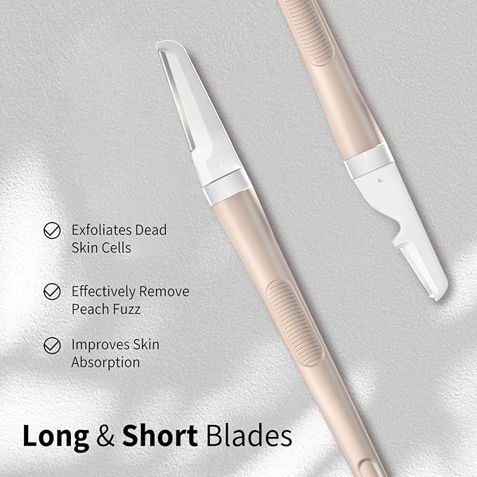 Face Razors for Women, Dermaplane Razor for Women Face, Eyebrow Razor, Facial Razors, Dermaplaning Tool, Reusable Metal Handle with 8 Microblades for Sensitive Skin, Peach Fuzz Remover, Beige