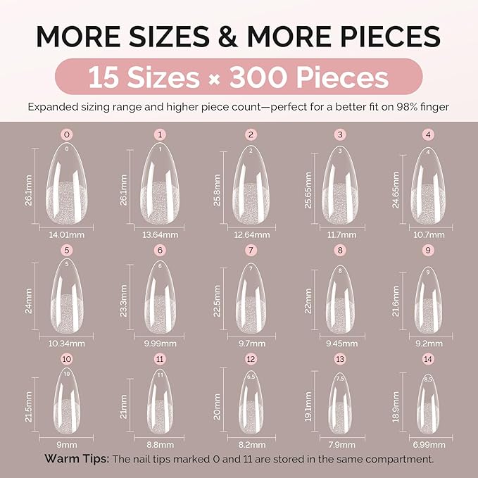 MelodySusie Medium Almond X Nail Tips - 300Pcs 15 Sizes Clear Acrylic, Half Matte Full Cover Press on Nails for DIY Extension&Salon Use, Pre-Shaped for Long-Lasting Manicure
