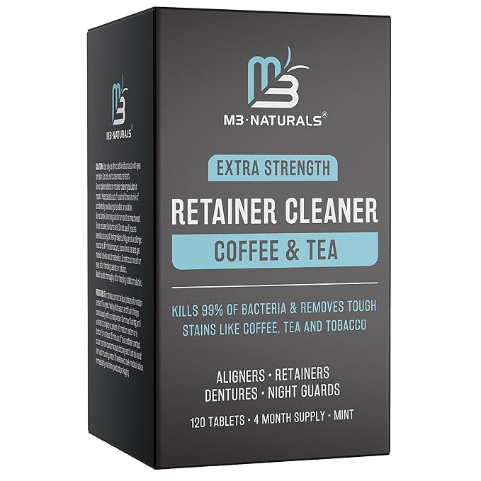 Coffee and Tea Retainer Cleaner Tablets, Removes Odors, Stains, and Plaque, 4-Month Supply, Denture Cleanser for Caffeine Enthusiasts, 120 Tablets by M3