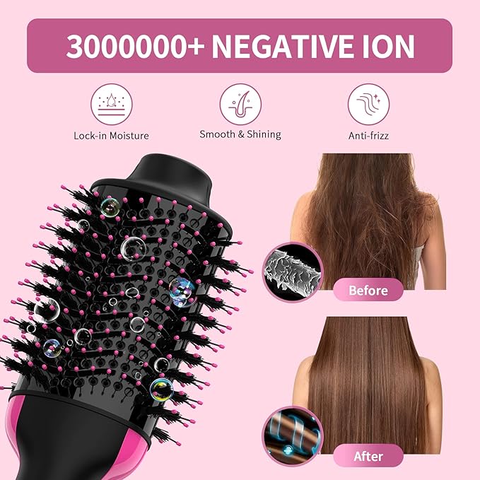 Dual Voltage Hair Dryer Brush with Negative Ion Anti-frizz Styler - Hot Air Volumizer for 110V-120V/220V-240V European and Travel Use