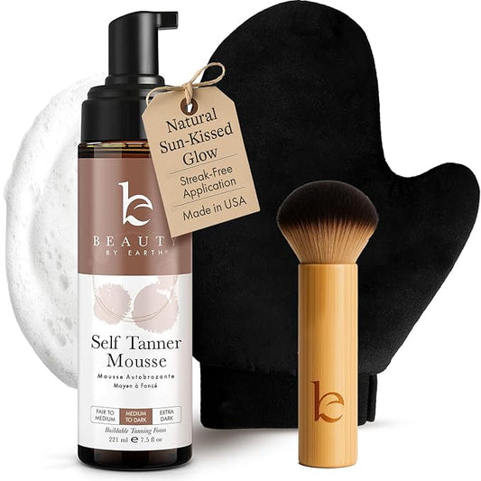 Self Tanner Tanning Mousse Kit - USA Made with Natural & Organic Ingredients, Tan Kit with Kabuki Brush & Mitt, Tanning Foam for Fake Tan, Non Toxic Sunless Tanner, Self Tanners Best Sellers