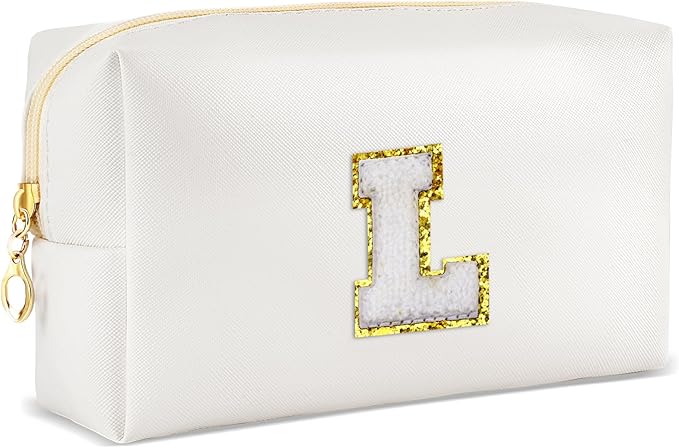 URSKYTOUS Gifts for Girls Initial Makeup Bag Personalized Cosmetic Bag with Zipper Cute Travel Toiletry Bags Waterproof PU Preppy Makeup Pouch Birthday Gift for Teen Girls Women(White L)