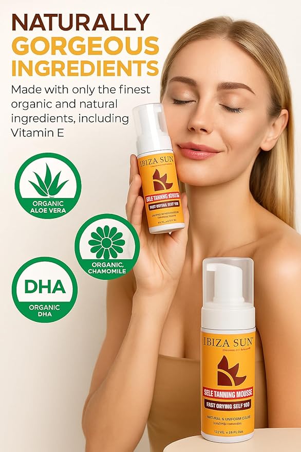 Ibiza Sun Self-Tanning Mousse – Organic DHA + Aloe Vera – Quick Dry, Paraben-Free, Vegan & Cruelty-Free – Natural-Looking Tan for Face & Body