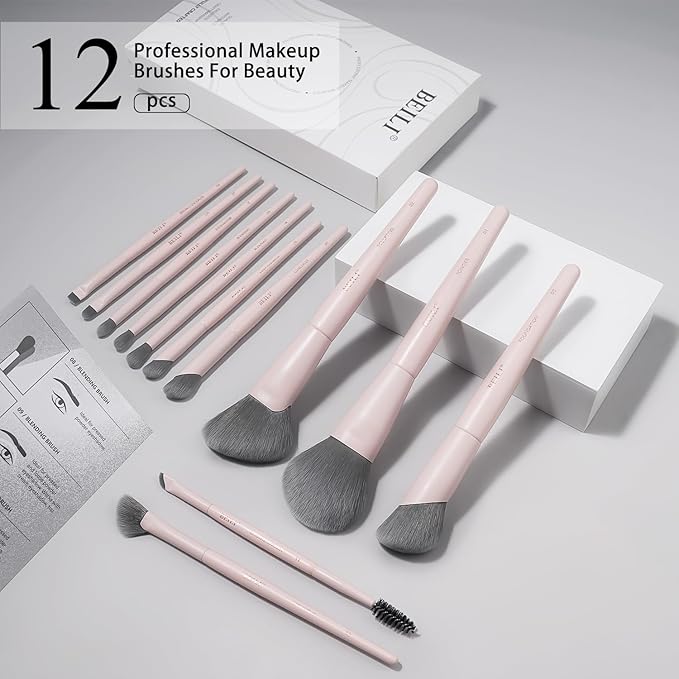 BEILI 12-Piece Pink Makeup Brush Set, Professional Synthetic Brushes for Face & Eye Makeup, Powder, Concealer, Blending, Contour, Eyeliner, Elegant Gift-Ready Set