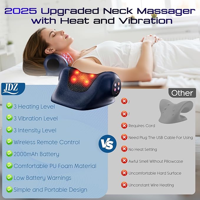 JDZ Neck Massager with Heat, 3-in-1 Electric Cervical Massager for Pain Relief with Hot Compress, Ergonomic Neck and Shoulder Relaxer Stretcher - ldeal Gift for Office Athletes Everyone etc, Blue