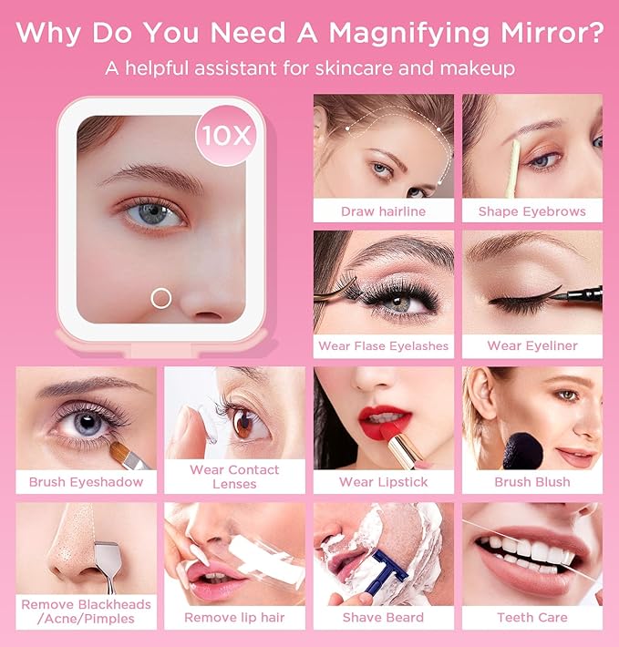 EAONE Travel Makeup Mirror with Lights, Double Sided Magnifying Vanity Mirror 10X/1X with 3 Color Lighting & Dimmable Touch Screen, Compact Handheld Cosmetic Mirror for Bathroom, Women Gifts (Pink)