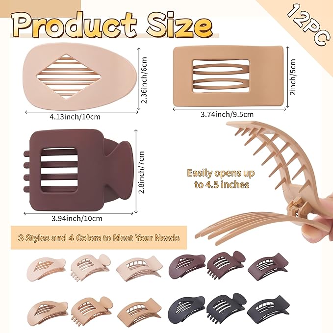 Hair Clips for Women Girls - 12 Pcs 3 Styles Plastic Hair Accessories, Strong Hold Lay Down Matte Flat Claw Clips for Thick Thin Hair Daily Styling
