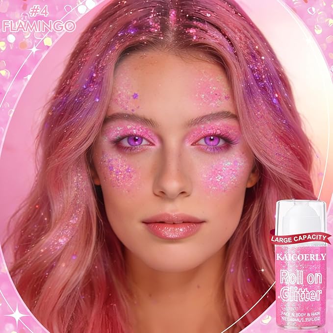 Roll-on Holographic Body Glitter Gel for Women, Sparkle Chunky Glitter Makeup for Christmas New Year Festival Halloween Party Rave, Face Glitter Makeup for Face Body Hair Lips (Flamingo)