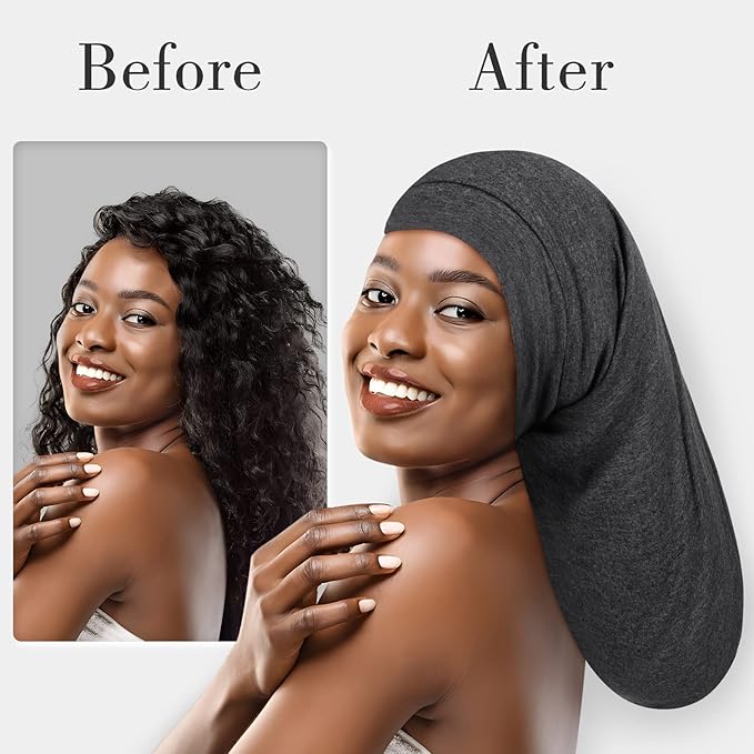 Fittia Long XL Silk Satin Bonnet for Braids, Dreadlocks for Curly Hair Sleeping, Large Silk Sleep Cap for Black Women Men Frizzy Hair