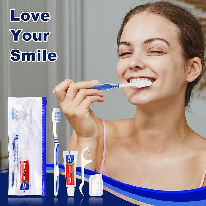 Disposable Toothbrushes with Toothpaste Individually Wrapped,Travel Kit with Plastic Zip Bag,Toothbrush Head Cover, Floss Pick,25gram Toothpaste,Bulk Toothbrush for Homeless,Travel,Hotel(5)