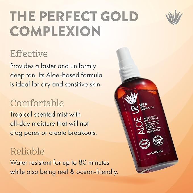 Aloe Up Light Tanning Oil With SPF 6 Sunscreen - Body and Face Tanning Oil for Outdoor Sun - With Pure Aloe Vera Oil and Natural Oils - Absorbs Quickly - Reef Friendly - Fresh Tropical Scent - 4 Oz