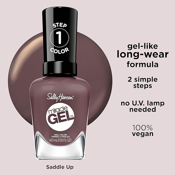 Sally Hansen Miracle Gel Salon Quality Nail Polish | Gel-Like Formula, Two-Step System, No UV Light Needed, Long Lasting | Opaque, Crème| 202 Saddle Up | Rich Warm Brown Nail Polish