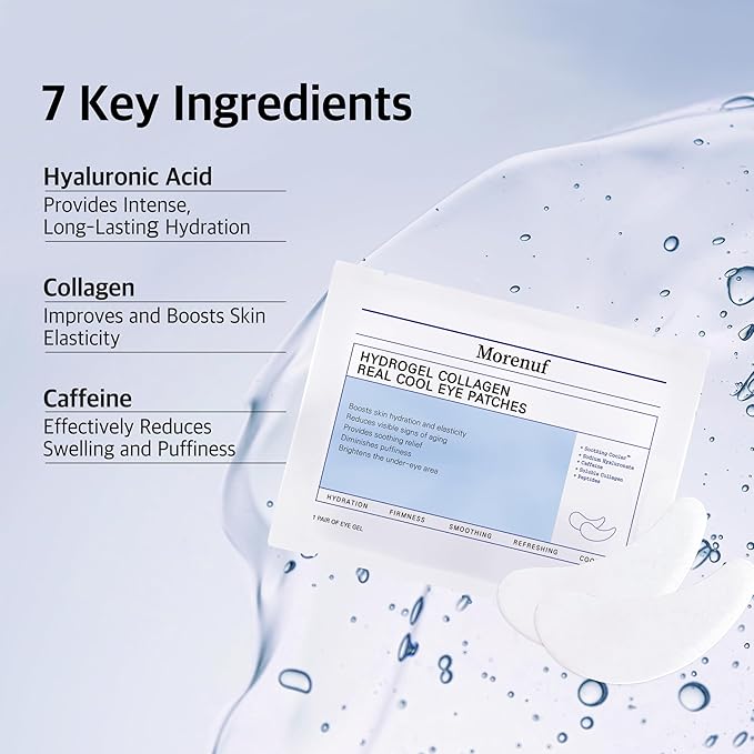 MORENUF Hydrogel Collagen Real Cool 6 Pairs of Eye Patches & Hydrating Roll-On Serum Set for Dark Circles and Puffiness - Hyaluronic Acid and Caffeine Eye Serum Korean