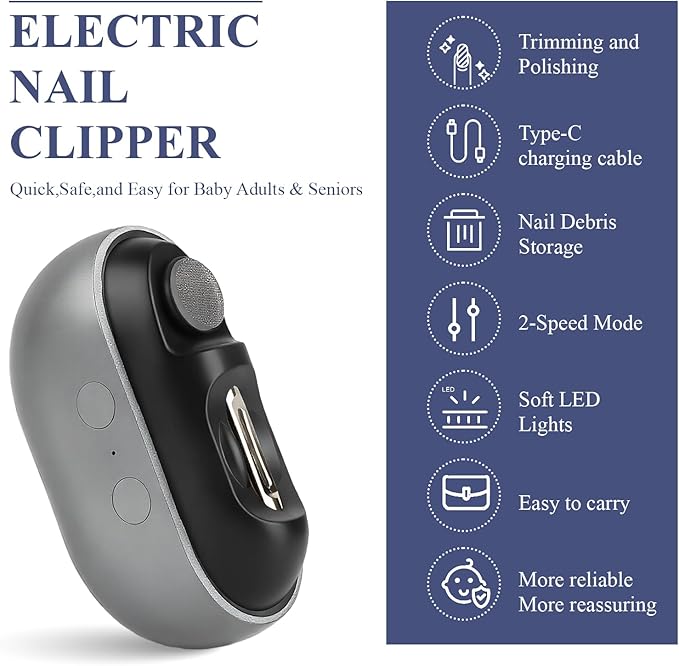 Electric Nail Clipper，Upgraded 3 in 1 Multifunctional Nail Clipper, Electric Nail Trimmer Polisher with LED Light and Clip Storage, for Adults, Seniors