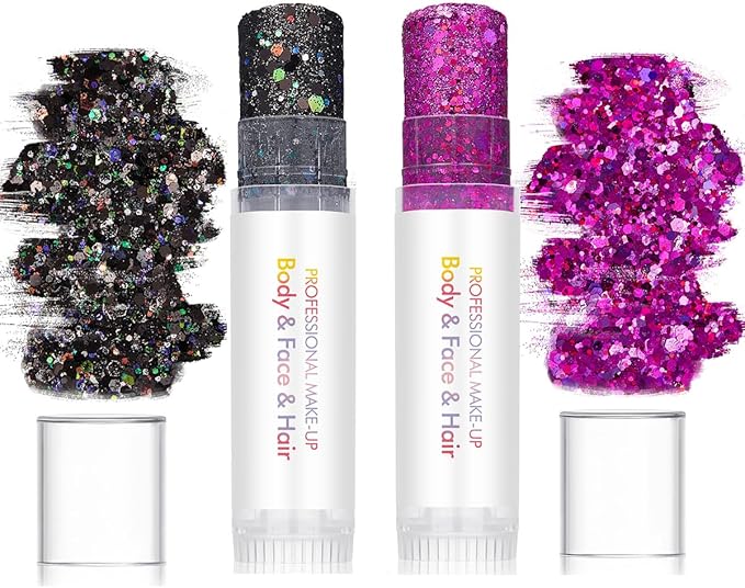 Body Glitter Stick for Face, Body & Hair - Black & Purple Chunky Sparkle Glitter, 2 Pack | Long Lasting Party Makeup for Festival, Rave, Concert & Cosplay