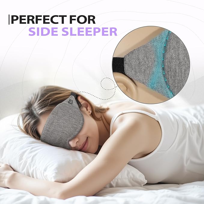 ZLZQER Cooling Cotton Eye Sleep Mask for Men & Women, Soft & Breathable, Pressure-Free Design for Side Sleepers, Adjustable Light Blocking Mask for Sleeping, Travel & Naps (Gray)