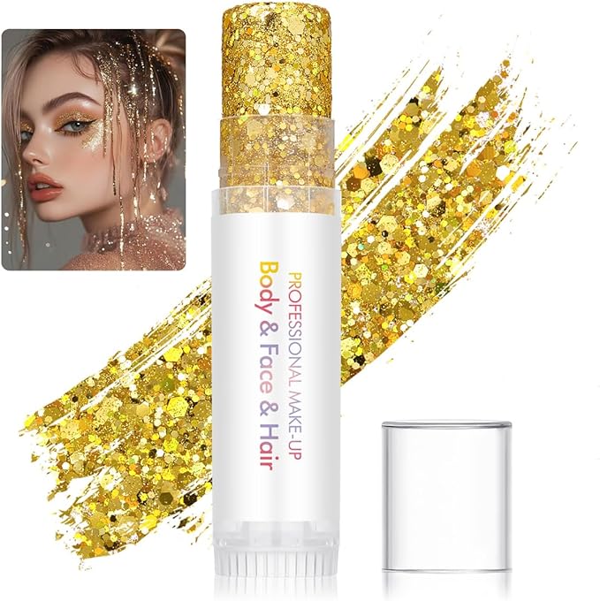 Body Glitter Stick for Face, Body & Hair - Gold & Silver Chunky Sparkle Glitter, 2 Pack | Long Lasting Party Makeup for Festival, Rave, Concert & Cosplay