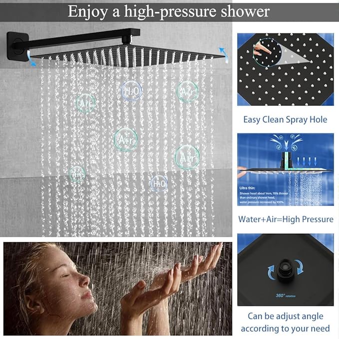 YCAIKOI Shower Faucet Set 16 Inch Wall Mount Rain Shower System, All Metal Shower Fixtures - Matte Black