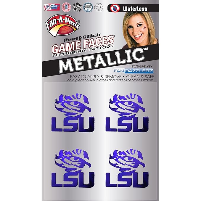 Fan-A-Peel Louisiana State Waterless Temporary Tattoos - Hypoallergenic Peel and Stick Waterproof Temporary Tattoos, Metallic - Officially Licensed