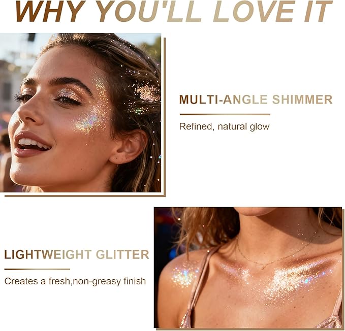 Roll-on Holographic Body Glitter Gel for Body, Hair, Face, Chameleon Color Changing Glitter Gel Under Light, Chunky Mermaid Sequins Festival Party Rave Accessories Shimmer Makeup (Champagne)