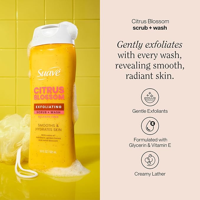 Suave Citrus Blossom Exfoliating Body Wash & Scrub with Glycerin & Vitamin E, Sulfate-Free Hydrating Cleanser for Soft, Smooth Skin, 6 Count, 18 FL OZ EA