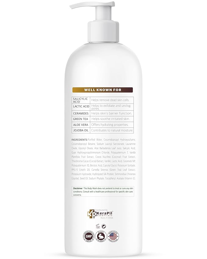 KERAPIL Exfoliating Body Wash with Salicylic Acid - No Dry Out, Gentle Exfoliates Rough and Bumpy Skin, Body Acne Wash, BHA & AHA - Coconut and Vanilla Salicylic Acid Body Wash - (16 fl oz x 2)