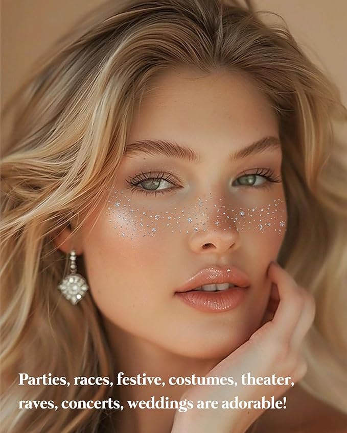 Face Glitter, Body Face Makeup Patches for Women Girls, Silver Rave Glitter Freckles for Face, Singer Concerts Festival Holiday Rave Accessories - 8 Counts