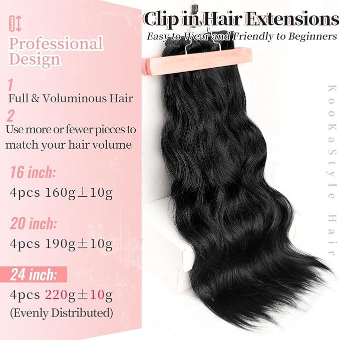 KooKaStyle Clip in Synthetic Hair Extensions Long Wavy 4PCS Thick Hairpieces Black Fiber Double Weft Natural Hair Extensions 24 Inch for Women
