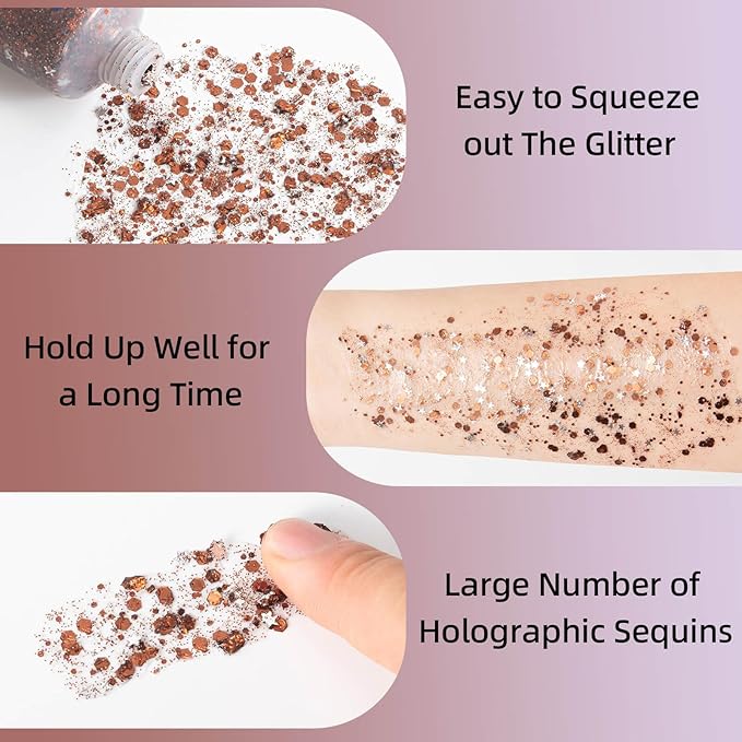 MEICOLY Brown Body Glitter,Deer Maroon Face Glitter Gel,Holographic Mermaid Sequins Halloween Glitter Face Paint,Self-Adhesive Chunky Glitter for Face Body Hair,Glitter Makeup for Women and Kids