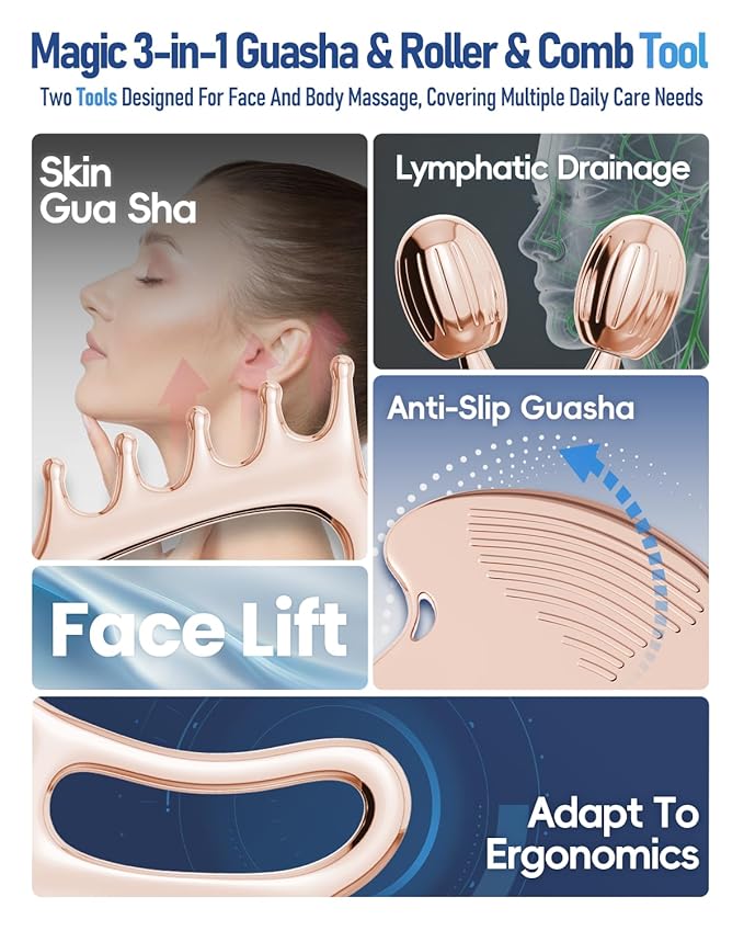 Gua Sha Facial Tools, 3-in-1 Gua Sha & Roller & Comb Set, Upgraded No-Slip Textured Guasha, Metal Lymphatic Drainage Massager for Skin Tightening & Face Sculpting, Skincare Gift for Women (Rose Gold)